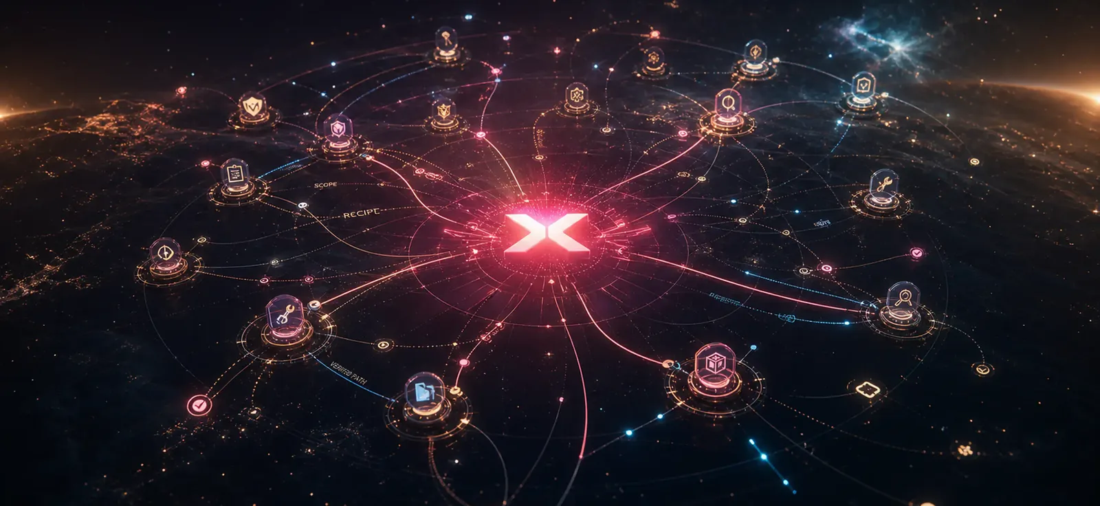 The runx mark at the centre of a glowing network of agent skills