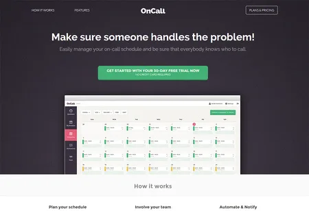 Dark landing page headlined "Make sure someone handles the problem!" with an on-call schedule screenshot.
