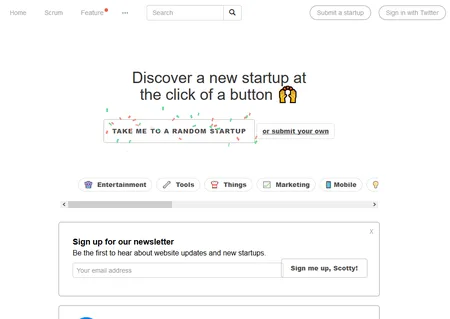 Homepage 'Discover a new startup at the click of a button' with category links and newsletter signup.