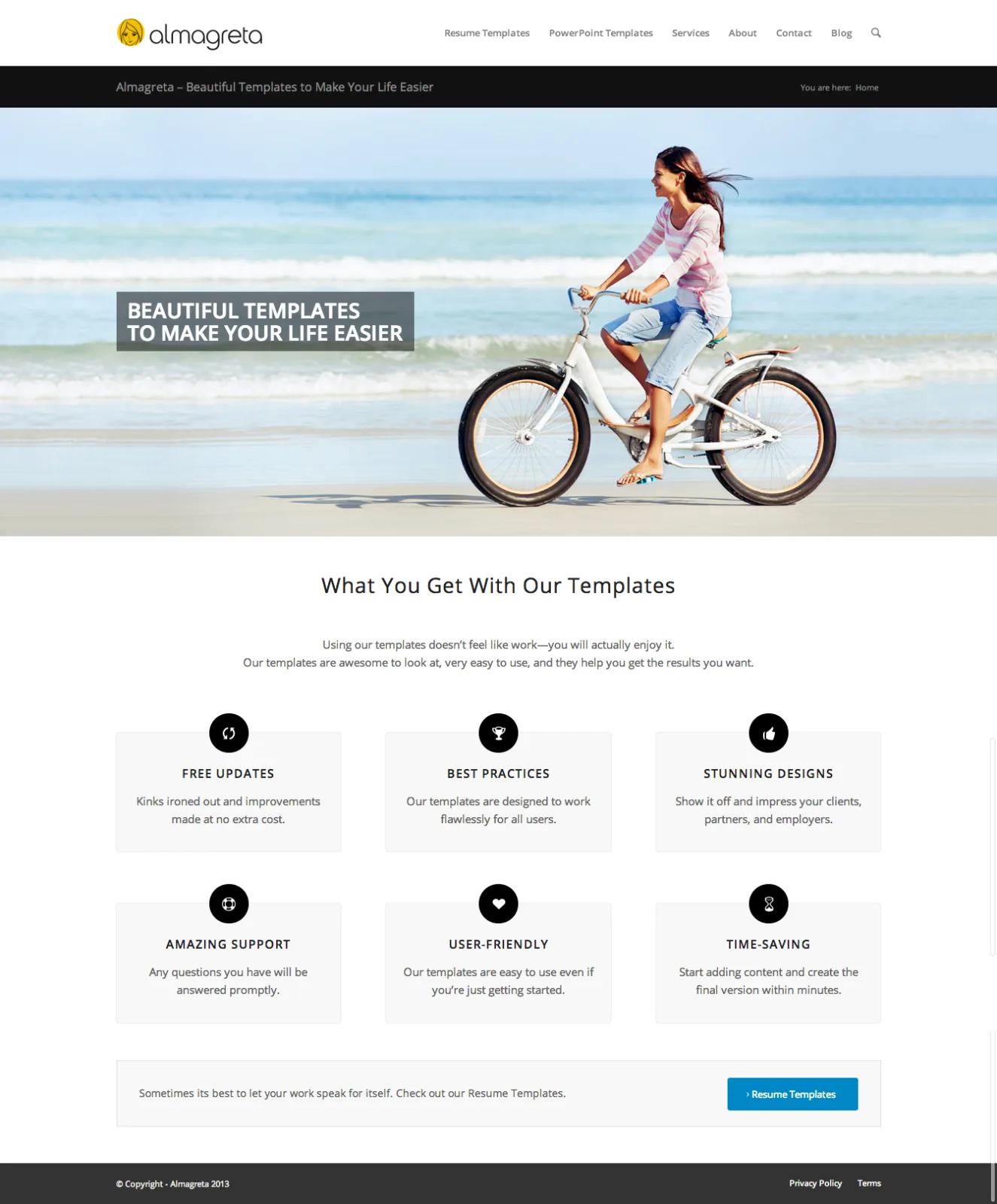 Almagreta homepage with a photo of a woman cycling on a beach and 'Beautiful templates to make your life easier'.