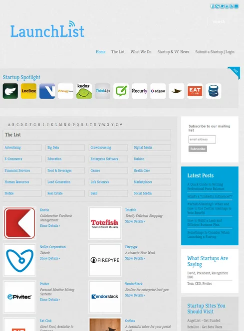 Startup directory page with a spotlight row of logos, category links and startup listing cards.