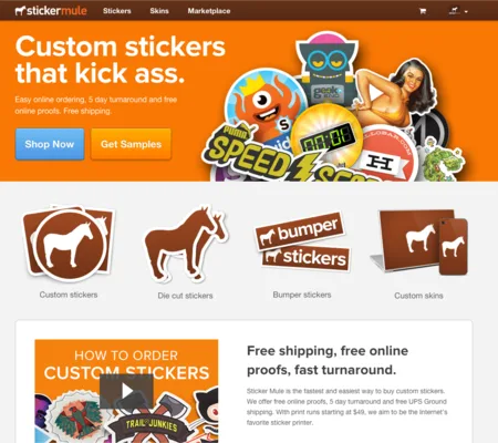 Homepage 'Custom stickers that kick ass.' with sticker examples and product types.