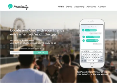 Landing page headlined "Locate and chat with your friends even when you're off the grid" with a pier photo and phone.