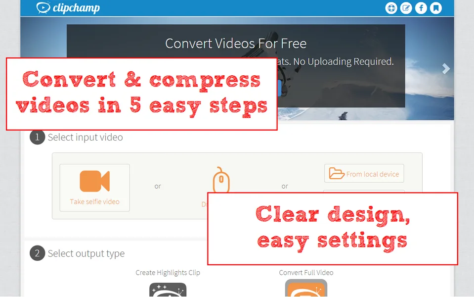 Clipchamp video converter steps with red callouts 'Convert & compress videos in 5 easy steps' and 'Clear design, easy settings'.