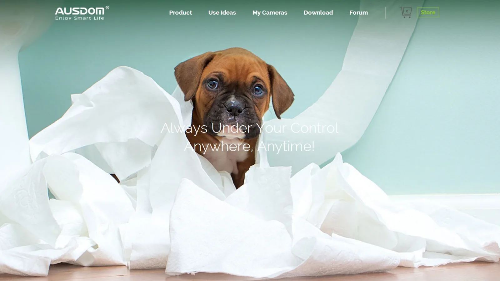 Ausdom homepage with a boxer puppy in toilet paper and 'Always Under Your Control Anywhere, Anytime!'.