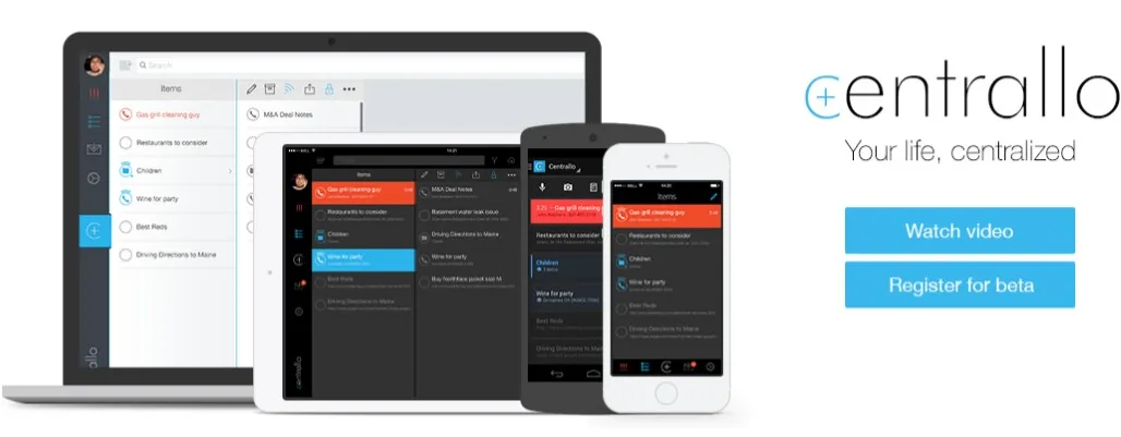Laptop, tablet and phones showing a dark centrallo app beside 'Your life, centralized'.