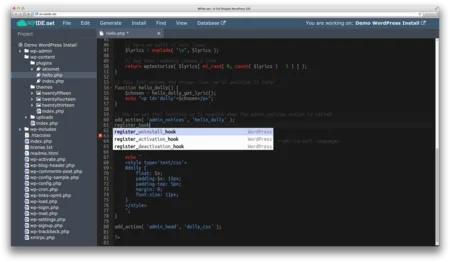 Dark code editor with a file tree and autocomplete dropdown.
