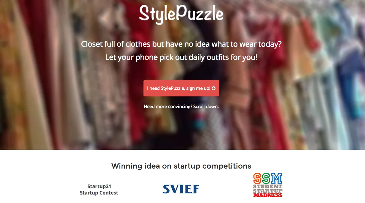 Homepage 'StylePuzzle Closet full of clothes but have no idea what to wear today?' over a clothes rack.
