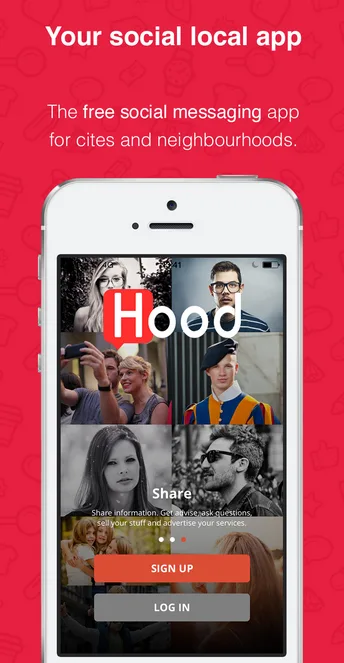 Red promo graphic reading "Your social local app" with a phone showing the Hood app over photos of people.