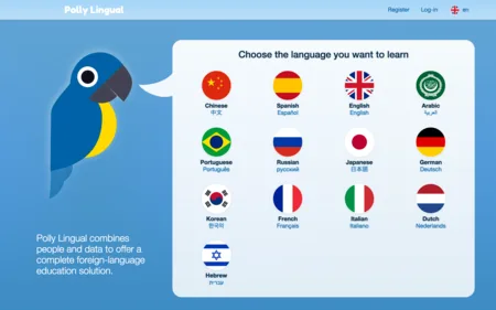 Language picker page reading "Choose the language you want to learn" with a parrot illustration and flags.