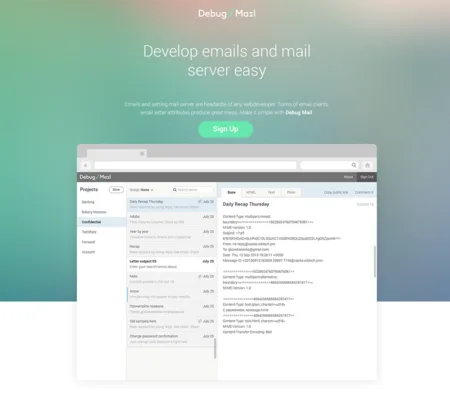 Gradient page 'Develop emails and mail server easy' with a mail client screenshot below.
