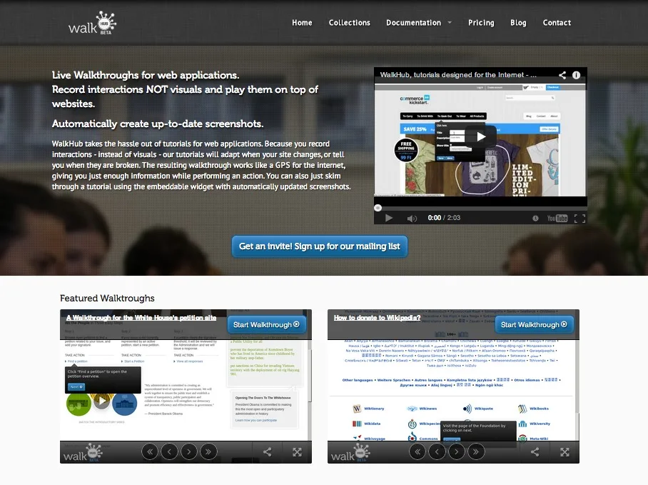 Homepage 'Live Walkthroughs for web applications' with video and walkthrough screenshots.