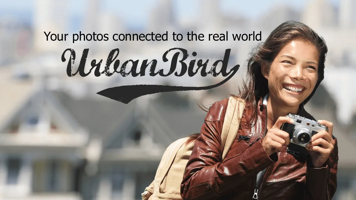 Banner 'Your photos connected to the real world UrbanBird' with a woman holding a camera.
