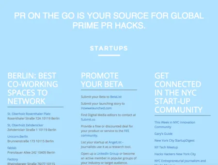 Light blue text page headed "PR ON THE GO IS YOUR SOURCE FOR GLOBAL PRIME PR HACKS." with link columns.