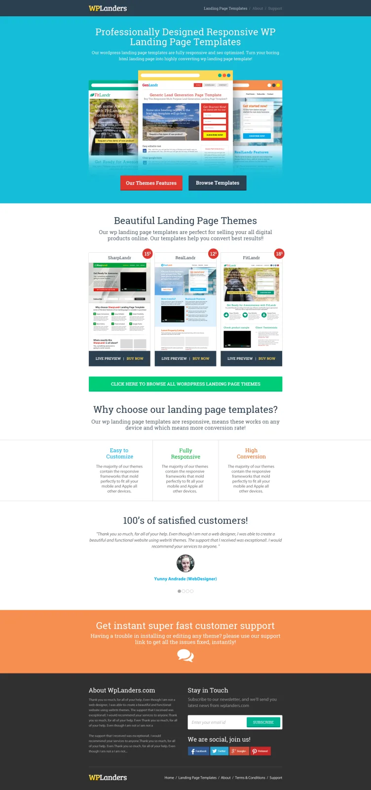 Tall landing page capture with teal and orange sections and device mockups.