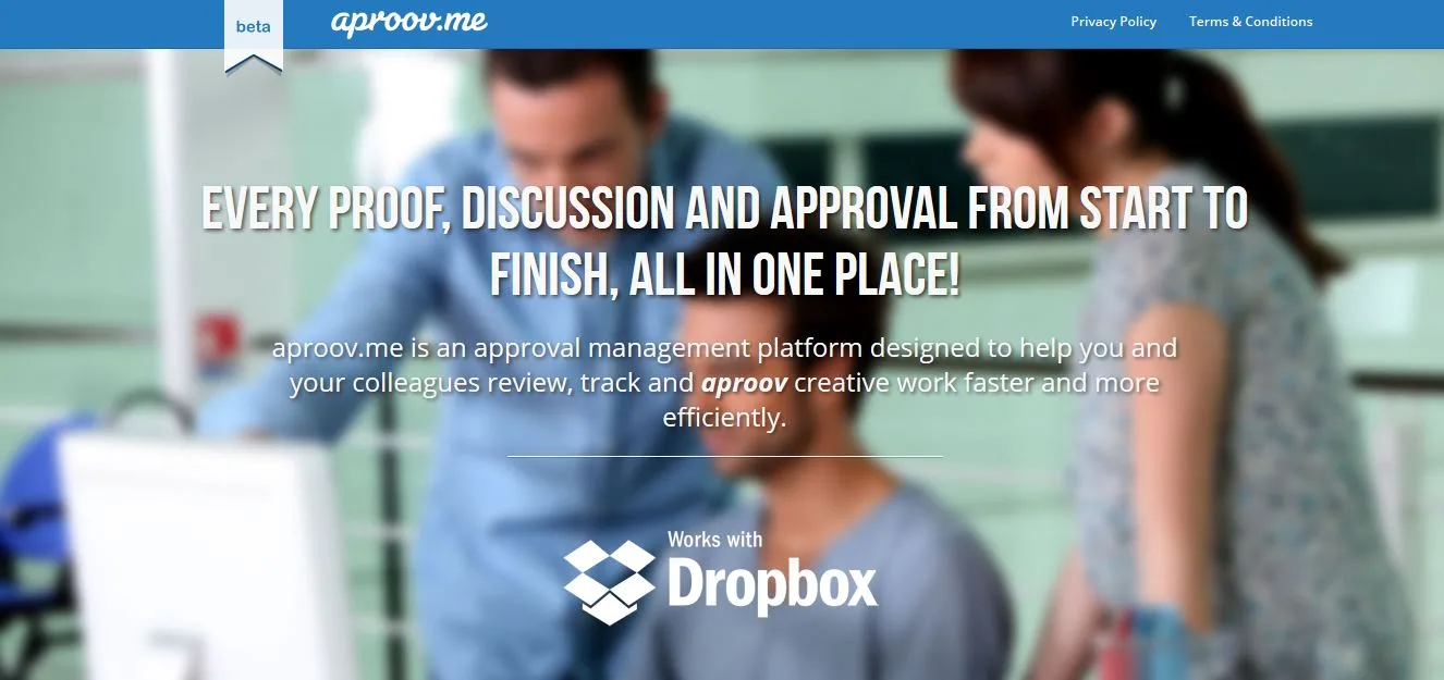 Aproov.me hero 'Every proof, discussion and approval from start to finish, all in one place!' over a blurred office photo.