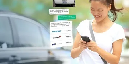 Photo of a woman texting beside a car, overlaid with chat bubbles listing insurance quotes.
