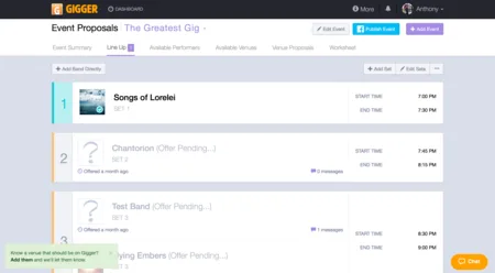 Gigger 'Event Proposals' list of band bookings with times.