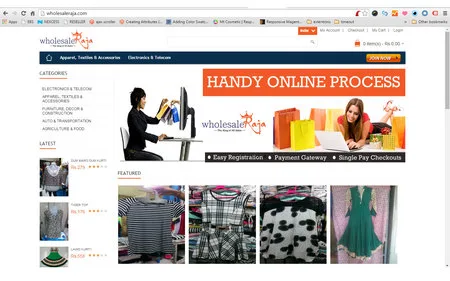 Wholesale ecommerce homepage with a 'Handy Online Process' banner and clothing listings.