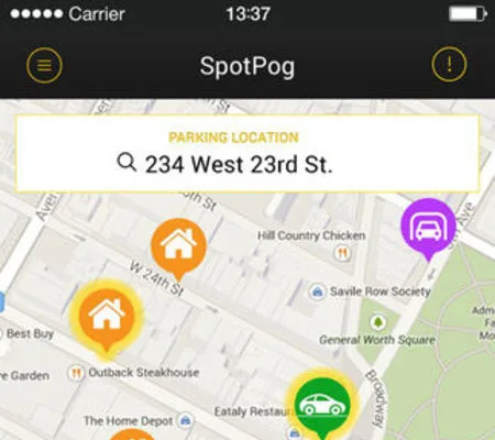 Mobile app 'SpotPog' showing parking location 234 West 23rd St. on a map with icons.