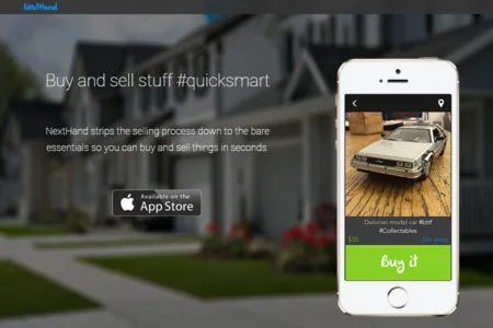 Landing page headlined "Buy and sell stuff #quicksmart" with a phone showing a car listing.