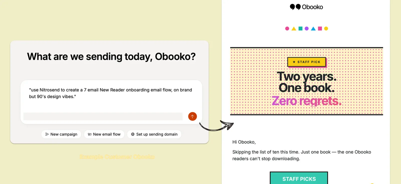 A Nitrosend prompt asking for a new reader onboarding flow, beside the on-brand email it made