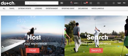 Du+ch page with two photo panels 'Host' and 'Search' showing a city and golfers.