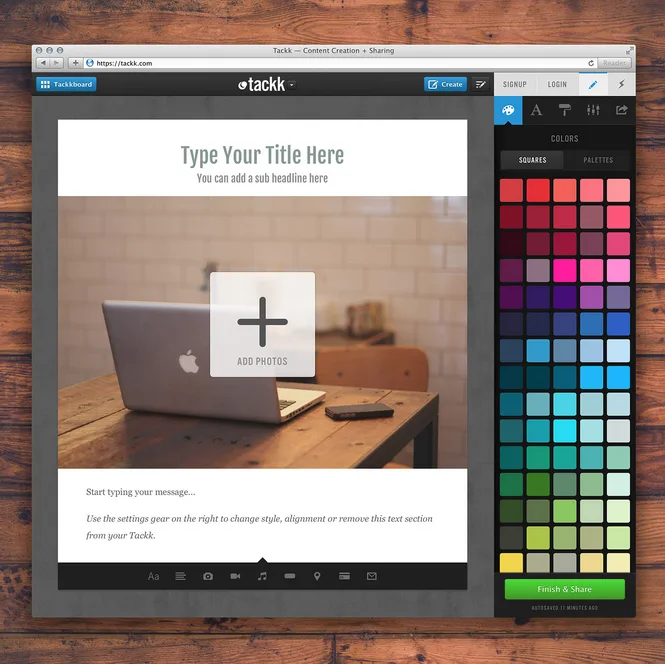 Tablet on a wooden surface showing a page editor with a color palette.