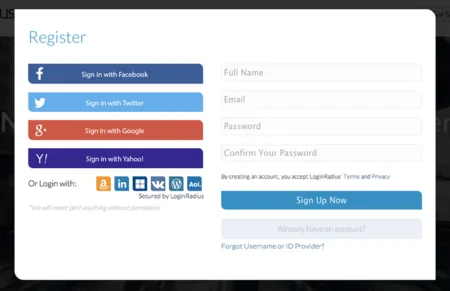 Registration form with social login buttons for Facebook, Twitter, Google and Yahoo.