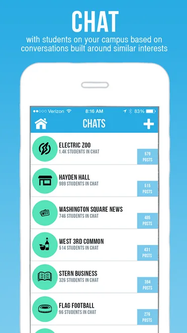 Blue panel 'CHAT with students on your campus' above an iPhone showing a chat list.