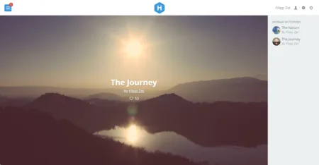 Story page with a full-width mountain lake sunset photo titled "The Journey" and a sidebar of stories.