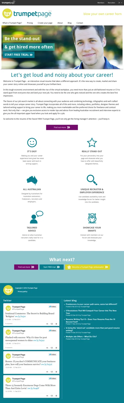 Tall homepage 'Be the stand-out & get hired more often' with a man's portrait.