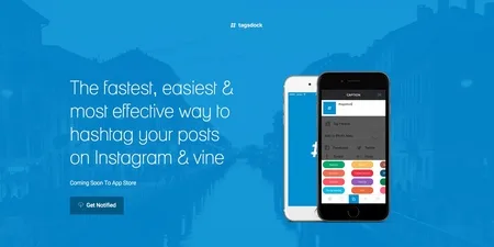 Landing page 'The fastest, easiest & most effective way to hashtag your posts on Instagram & vine'.