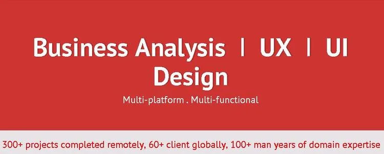 Red banner 'Business Analysis | UX | UI Design, Multi-platform, Multi-functional'.