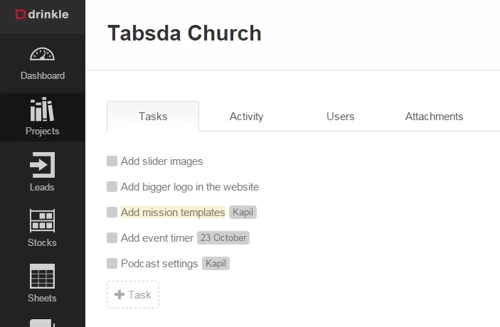 Drinkle project view 'Tabsda Church' with a task list and a dark icon sidebar.
