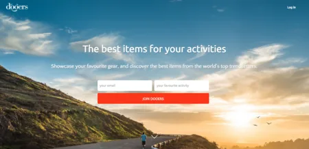 Dooers hero 'The best items for your activities' over a landscape photo with a road.