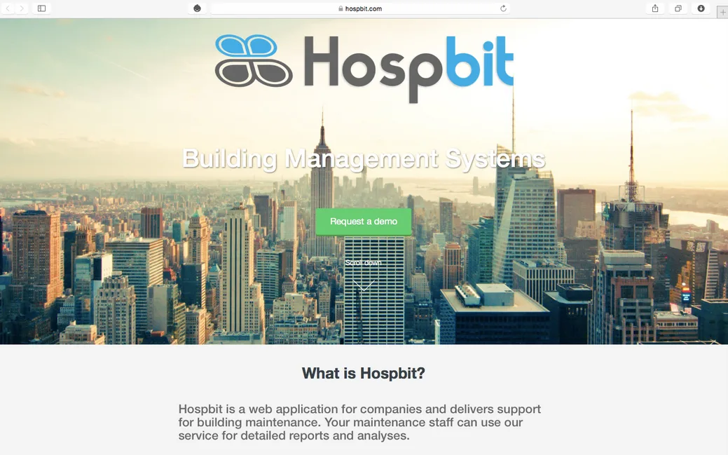 Landing page with a city skyline photo, the Hospbit logo and the tagline "Building Management Systems".