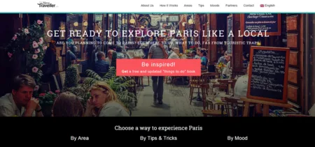 Homepage 'Get ready to explore Paris like a local' over a street cafe photo.