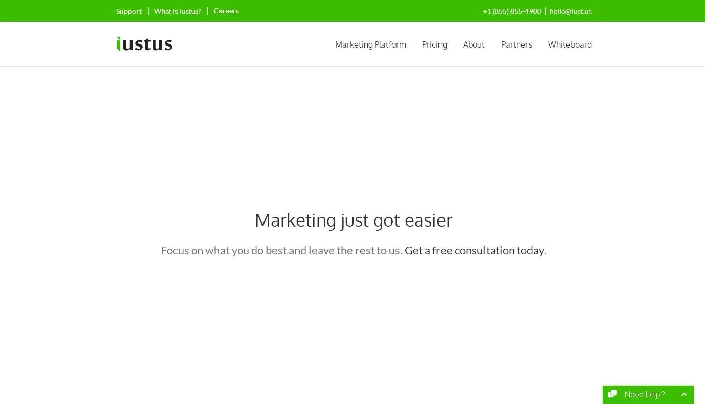 Mostly white landing page with the text "Marketing just got easier".