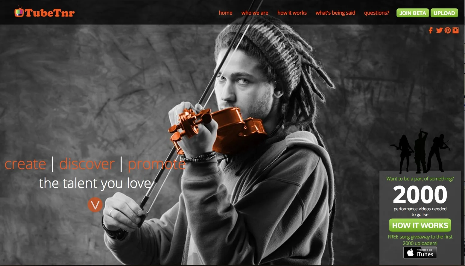 Homepage 'create, discover, the talent you love' with a man playing violin.