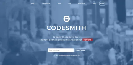 Blue-tinted CODESMITH hero '12 weeks to a career in code' with an email field.