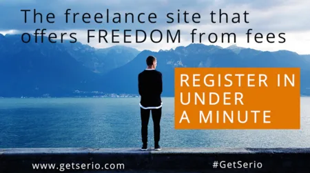 Man standing before a mountain lake with 'The freelance site that offers FREEDOM from fees'.
