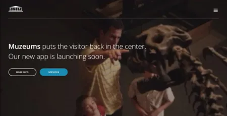 Dark landing page over a museum photo of a man and child by a dinosaur skeleton, announcing an app.