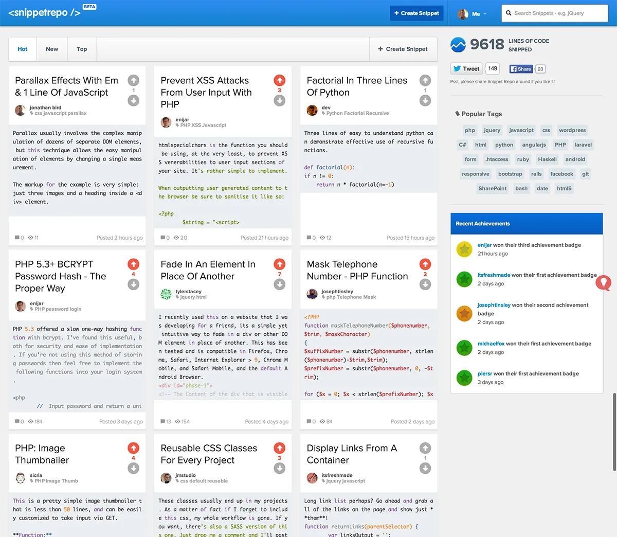 Code snippet sharing site with snippet cards, vote buttons, popular tags and recent achievements.