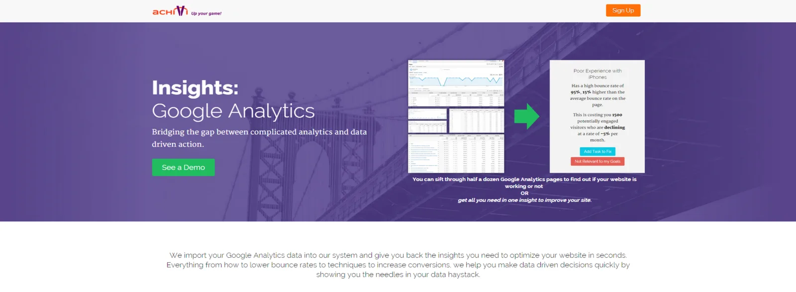 Purple hero 'Insights: Google Analytics' with analytics screenshots, a green arrow and an insight card.