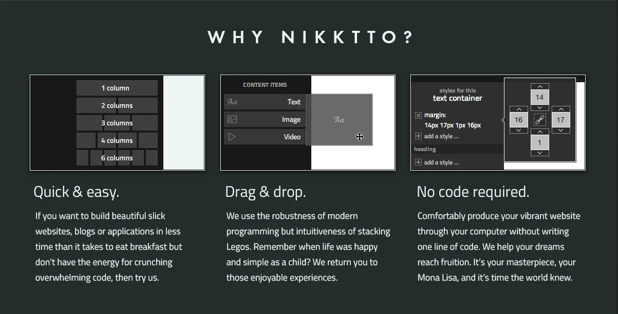Dark section headed "WHY NIKKTTO?" with three columns: Quick & easy, Drag & drop, No code required.