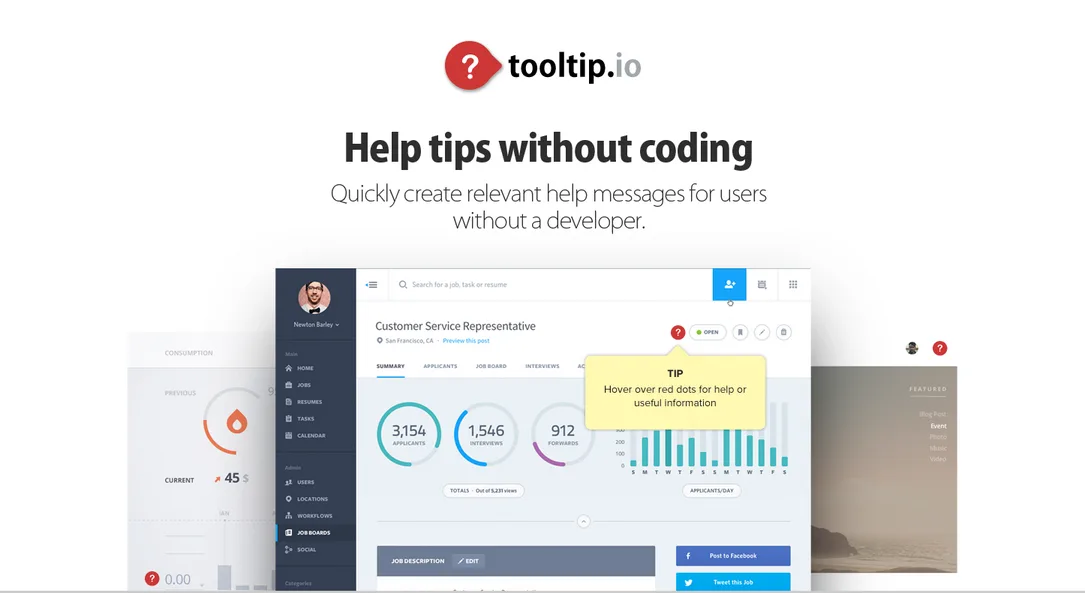 Homepage 'Help tips without coding' with a dashboard screenshot showing a tooltip.