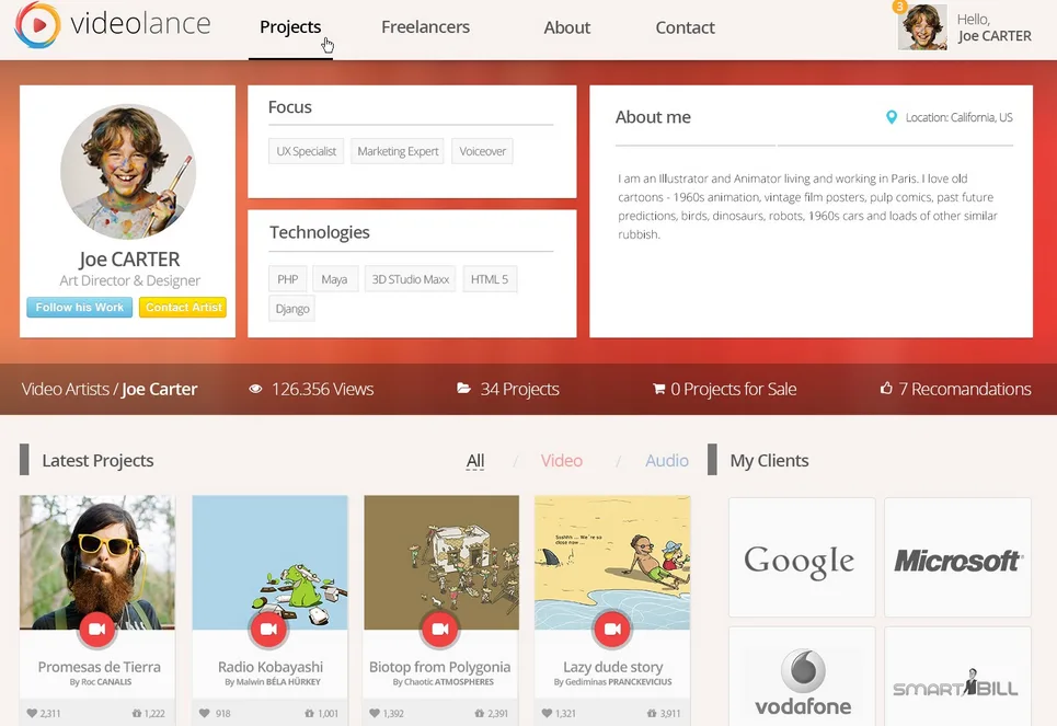 Freelancer profile page for 'Joe Carter' with photo, skills and project thumbnails.