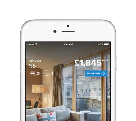 Phone showing a rental listing in Islington N5 at £1,845 with a room photo.