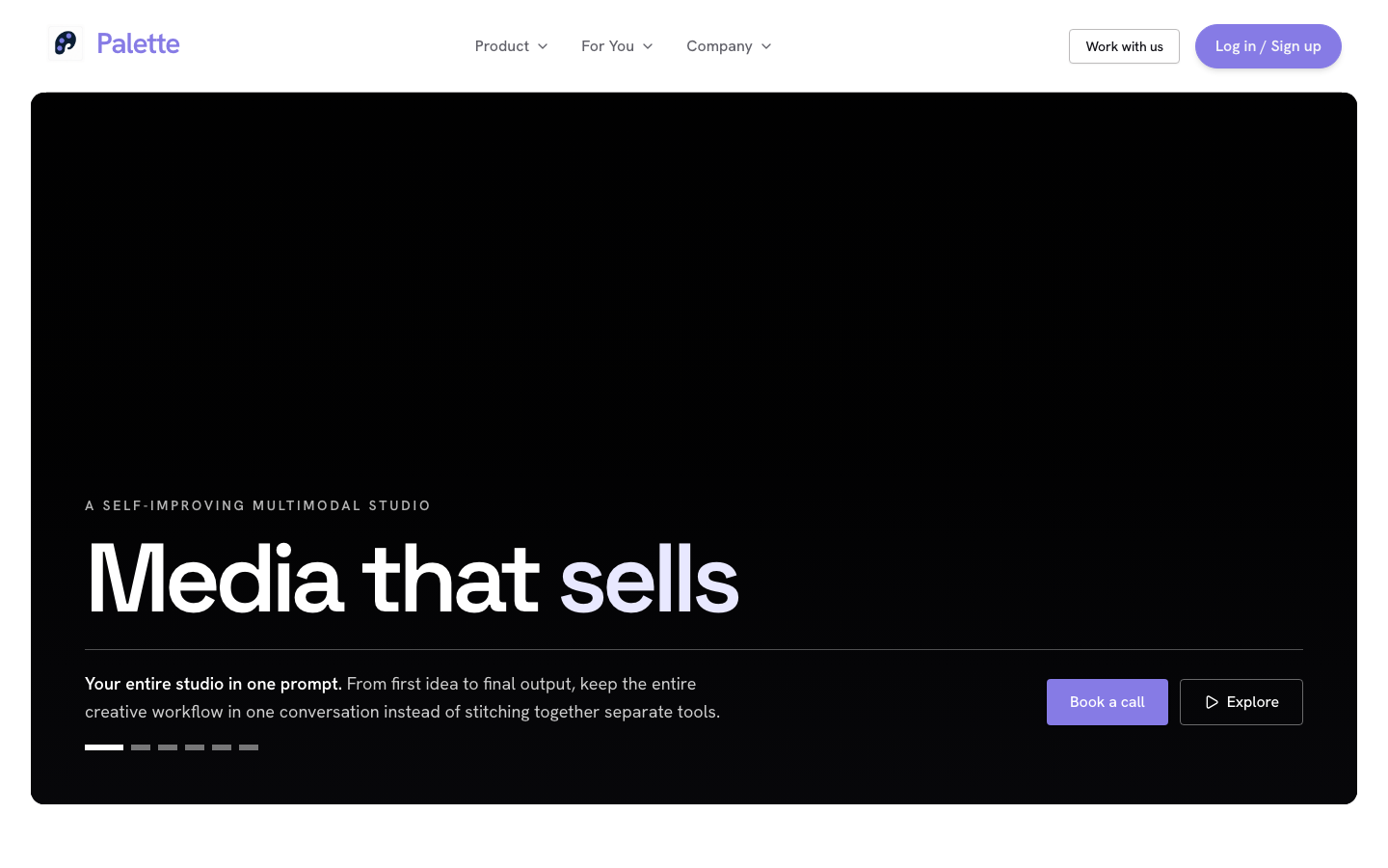 The Palette homepage, "Media that sells", a self-improving multimodal studio